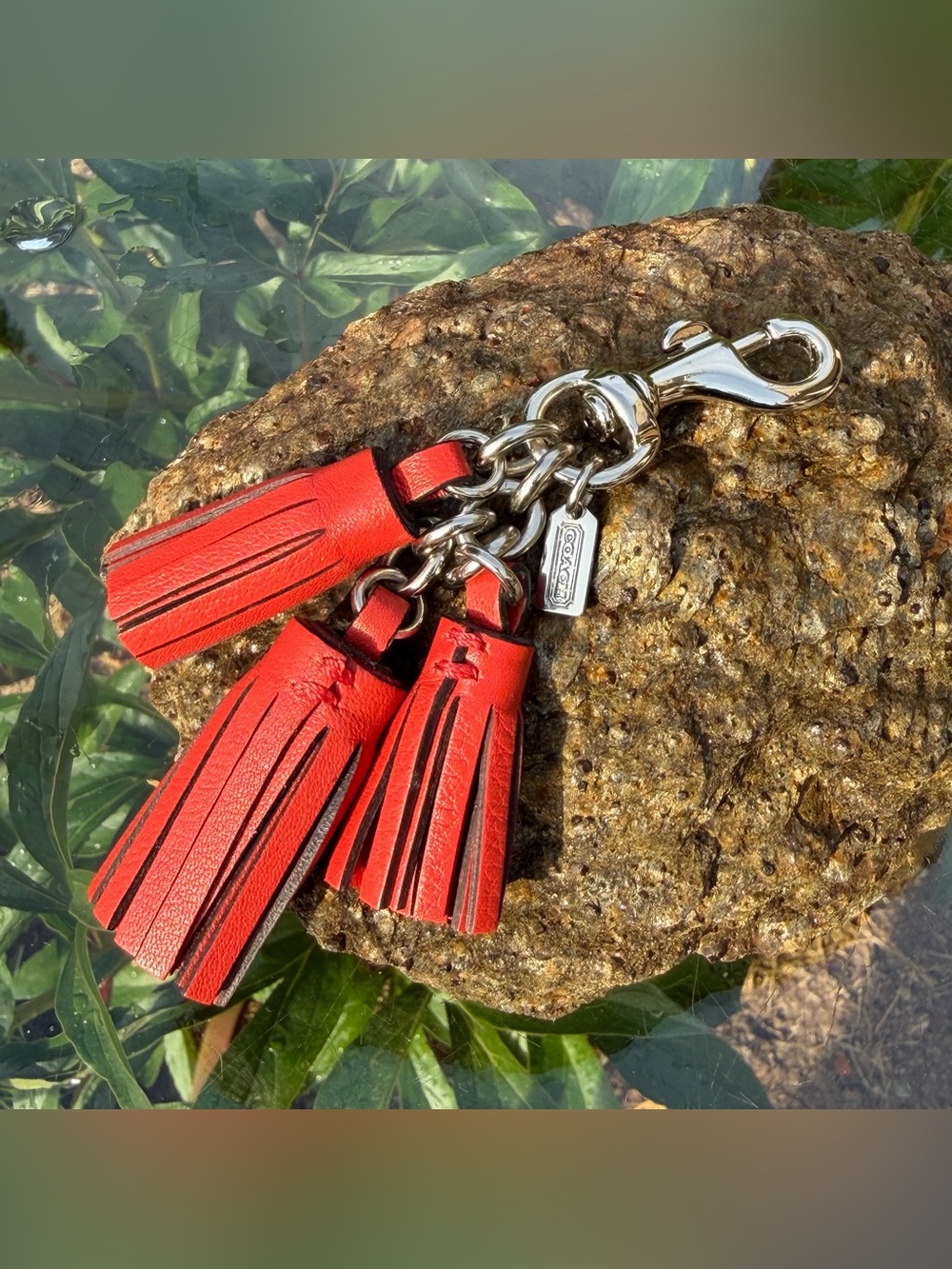 EUC Coach Vintage Red Leather Triple Tassel Keychain Bag Charm